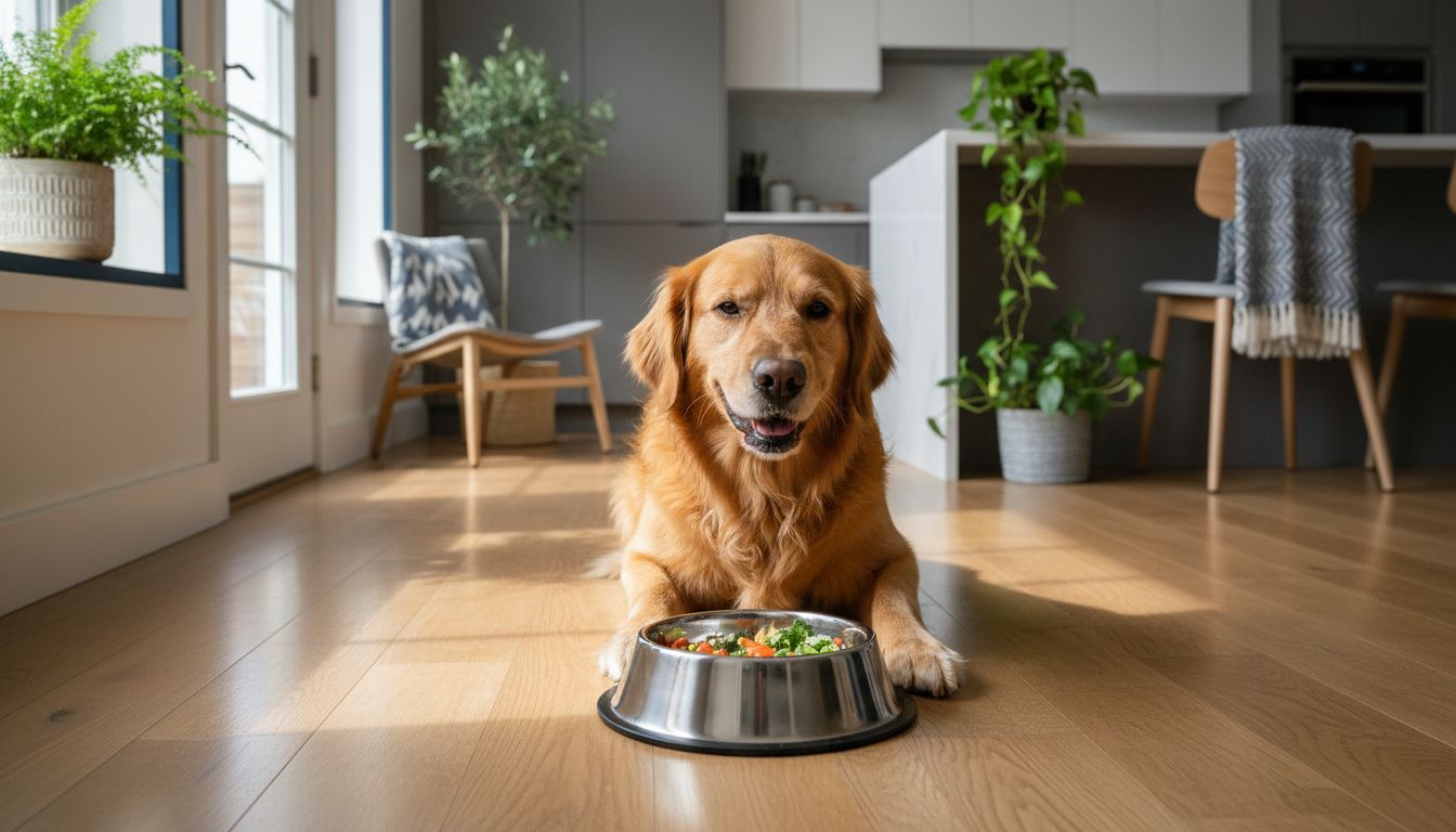 Happy healthy dog eating hypoallergenic food