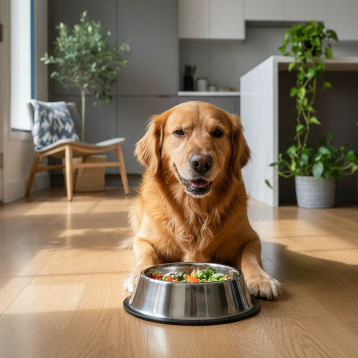 Happy healthy dog eating hypoallergenic food