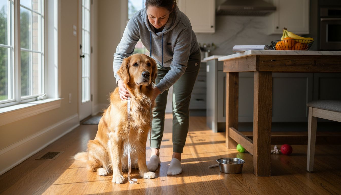Owner assessing dog’s health in kitchen