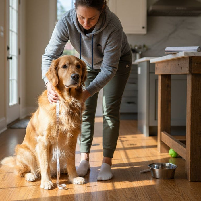 Owner assessing dog’s health in kitchen