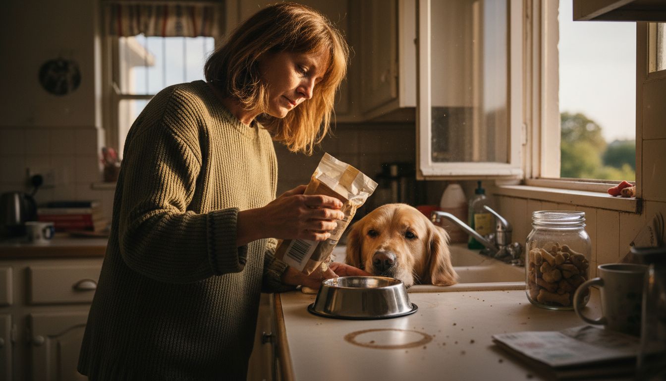Woman prepping dog food additives at kitchen