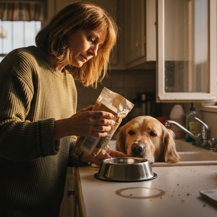 Woman prepping dog food additives at kitchen