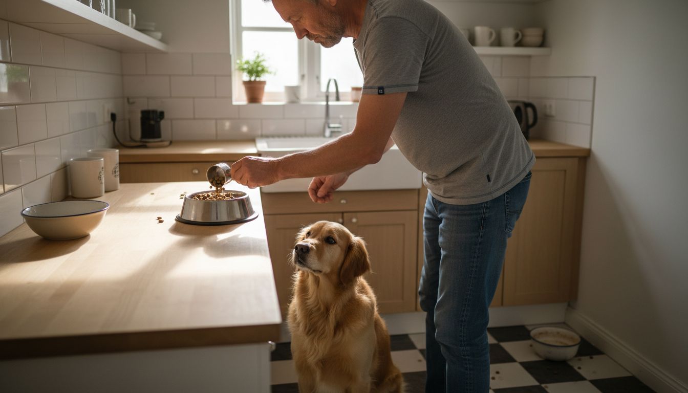 Man preparing special dog food in kitchen