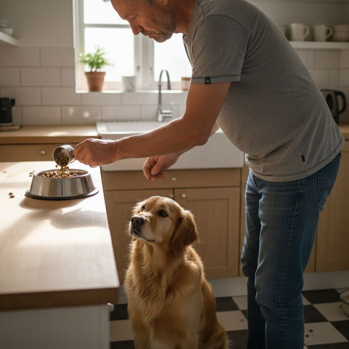 Man preparing special dog food in kitchen