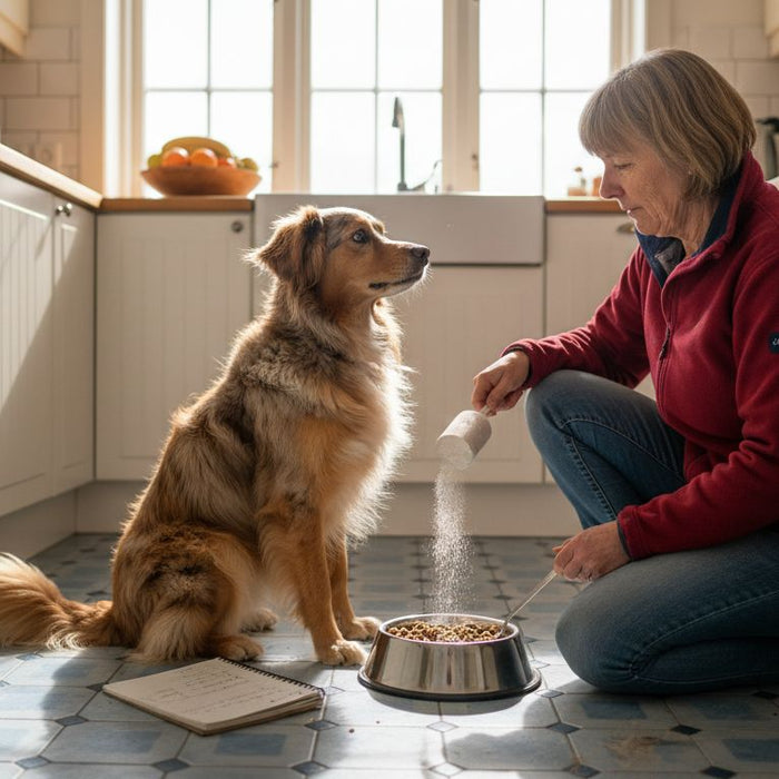 Dog owner adds supplement to dog's food