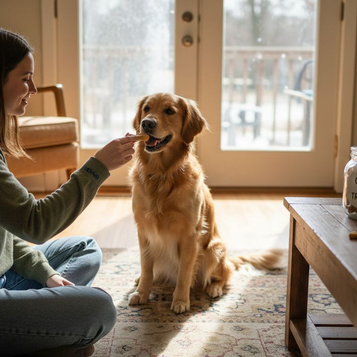 Woman feeding golden retriever healthy snack