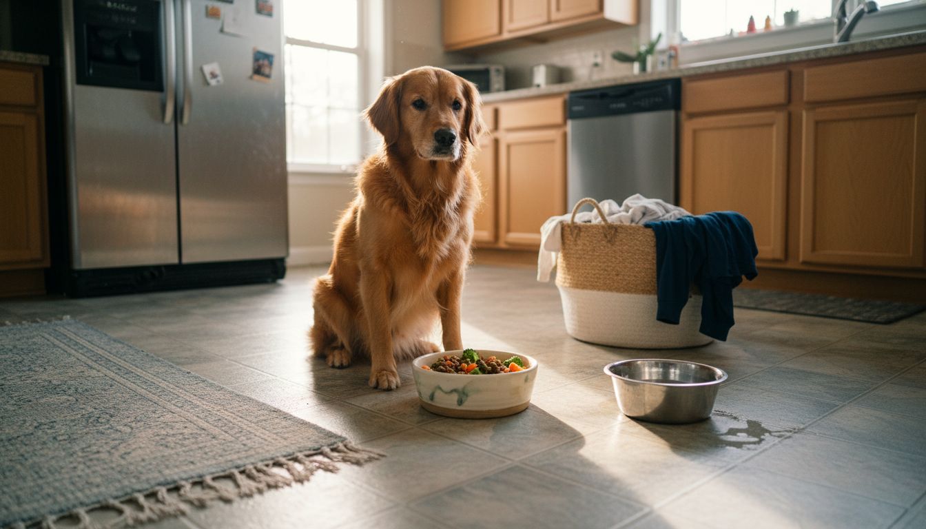 Dog waiting near nutritious meal in kitchen