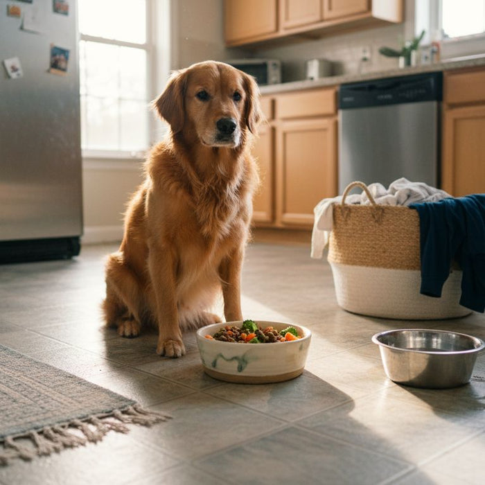 Dog waiting near nutritious meal in kitchen
