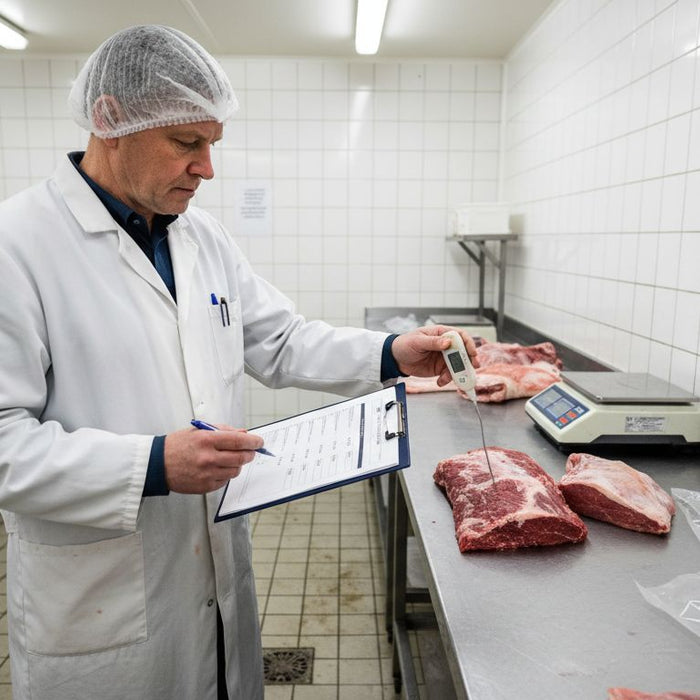 En kvalitetskontrollør går nøye gjennom ingrediensene i hundematen.