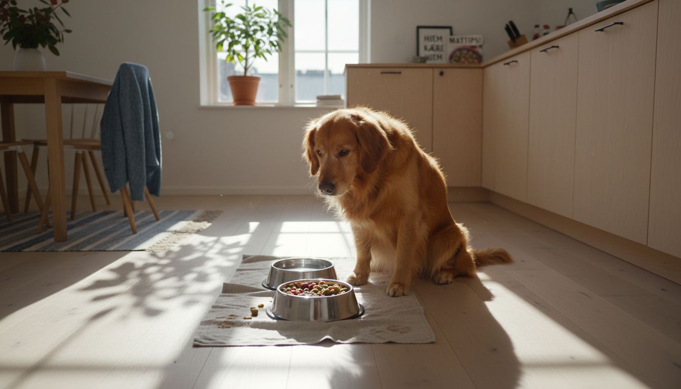 En golden retriever som koser seg med sunn hundemat på kjøkkenet hjemme.