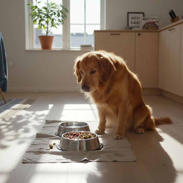 En golden retriever som koser seg med sunn hundemat på kjøkkenet hjemme.