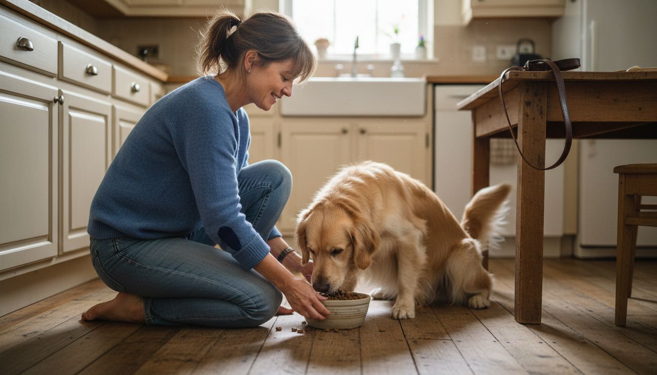 En kvinne gir hunden sin allergivennlig fôr på kjøkkenet.