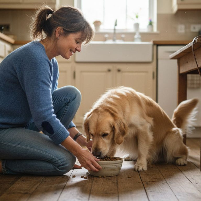 En kvinne gir hunden sin allergivennlig fôr på kjøkkenet.