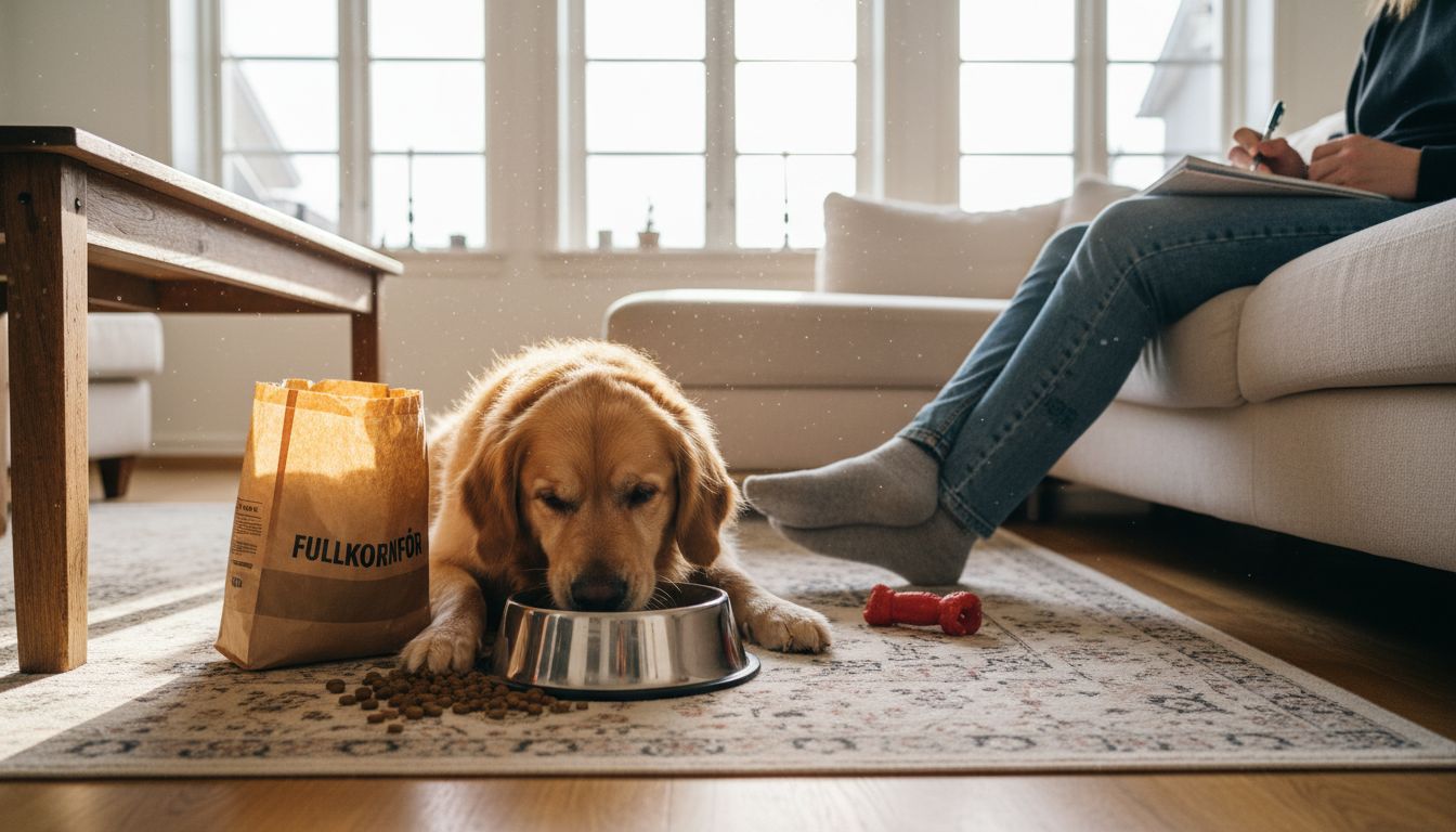 En hund koser seg med glutenfri mat ved siden av eieren sin.