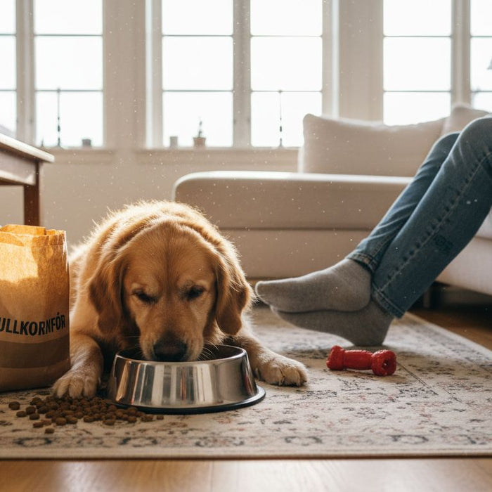 En hund koser seg med glutenfri mat ved siden av eieren sin.