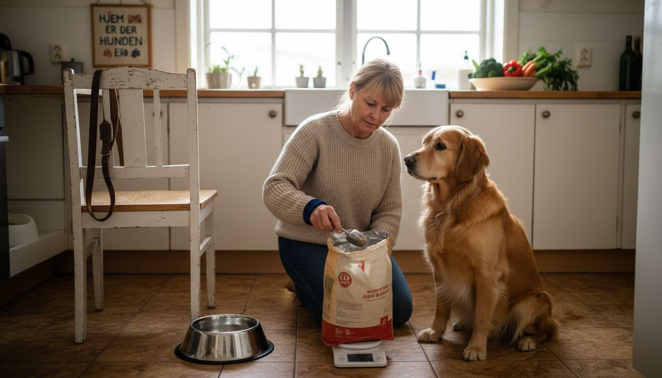 Hundeeier planlegger ukens måltider til hunden på kjøkkenbenken.