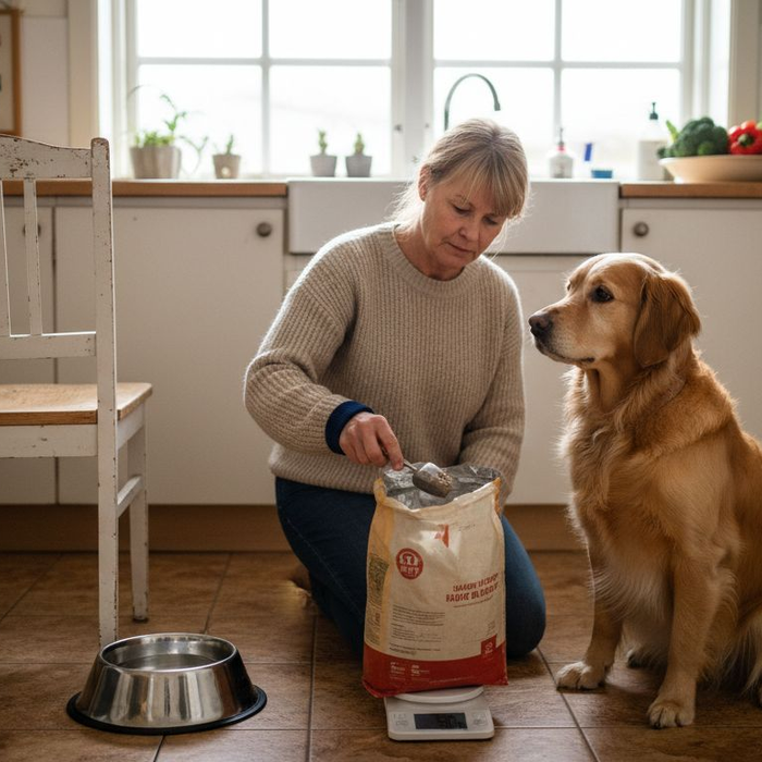 Hundeeier planlegger ukens måltider til hunden på kjøkkenbenken.