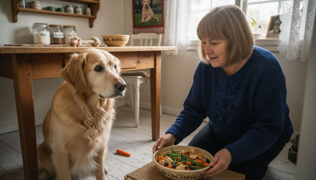 En eldre golden retriever sitter tålmodig og venter på et sunt måltid.