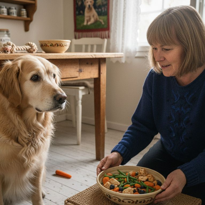 En eldre golden retriever sitter tålmodig og venter på et sunt måltid.