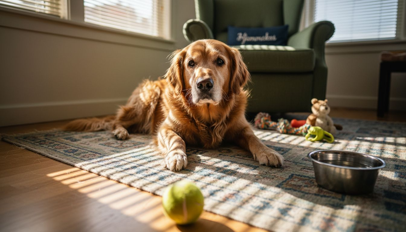En eldre golden retriever ligger og slapper av på teppet i stua.