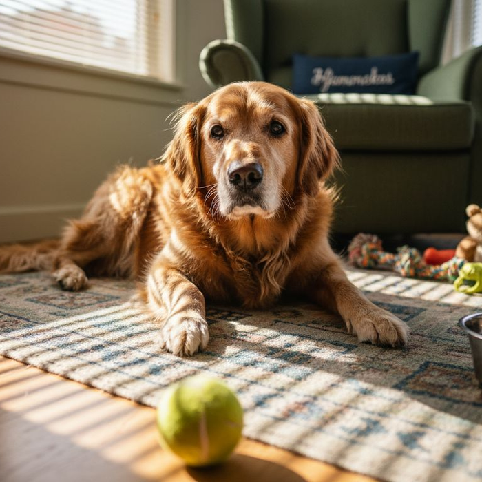En eldre golden retriever ligger og slapper av på teppet i stua.