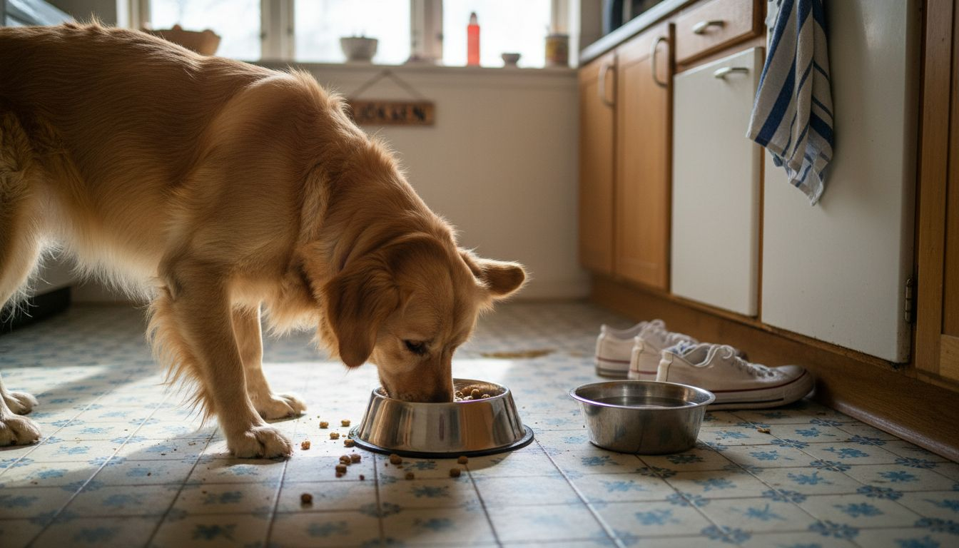 En golden retriever koser seg med våtfôr på kjøkkenet.