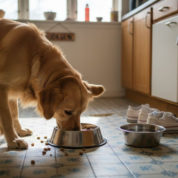 En golden retriever koser seg med våtfôr på kjøkkenet.