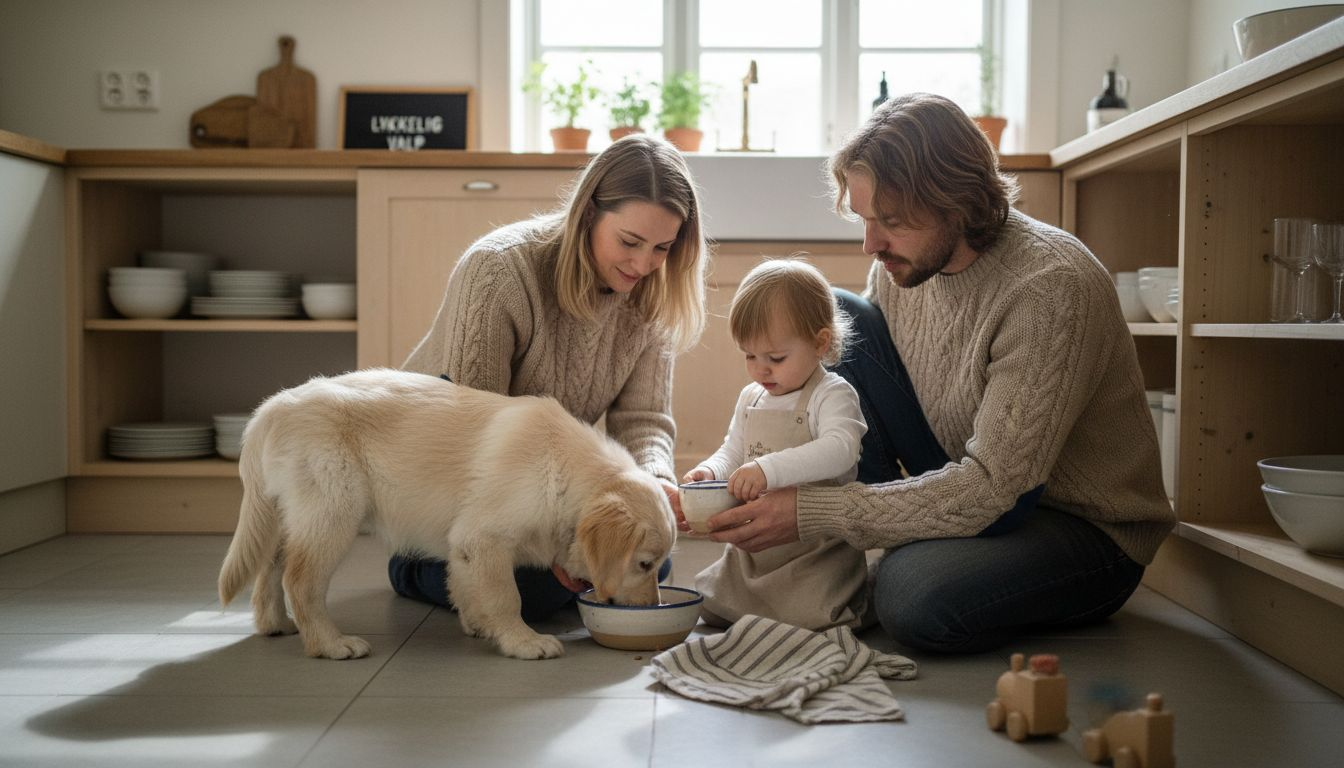 En familie gir valpen mat på kjøkkenet hjemme.