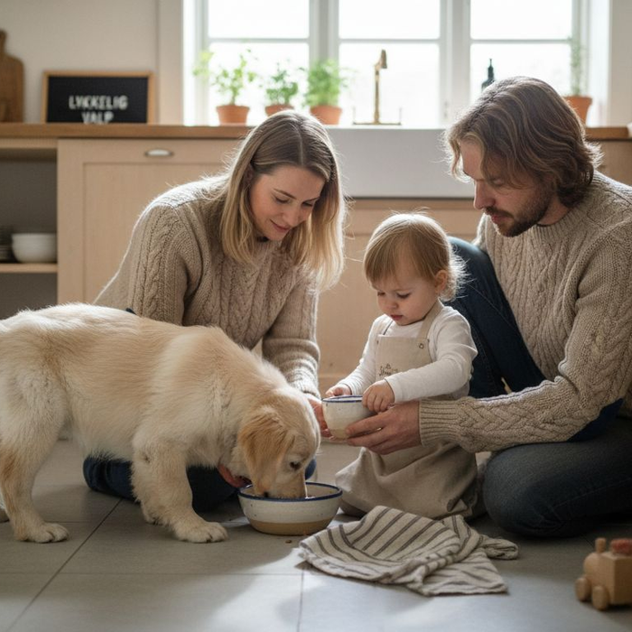 En familie gir valpen mat på kjøkkenet hjemme.
