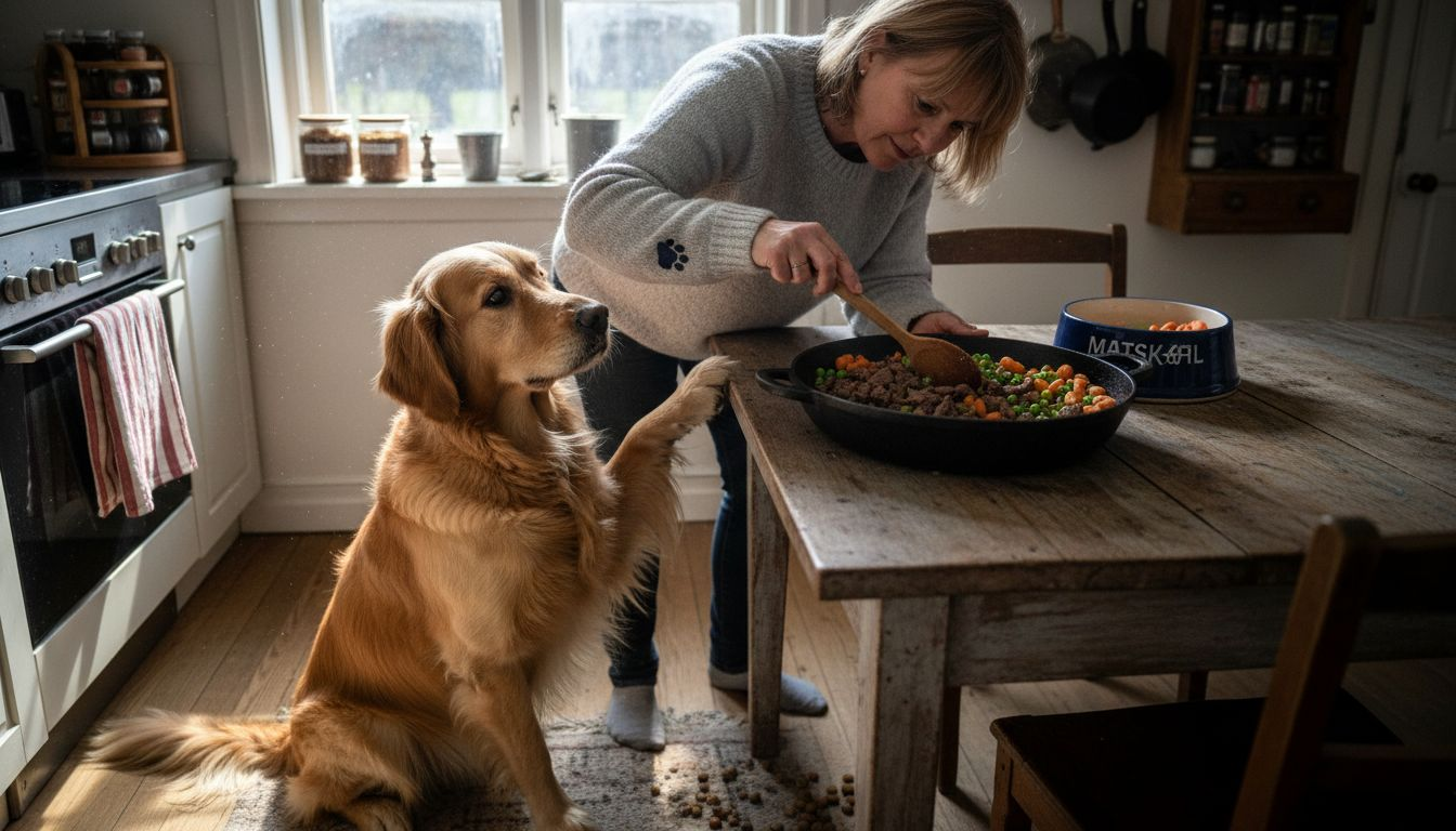 En forventningsfull golden retriever sitter og venter tålmodig på et sunt måltid.