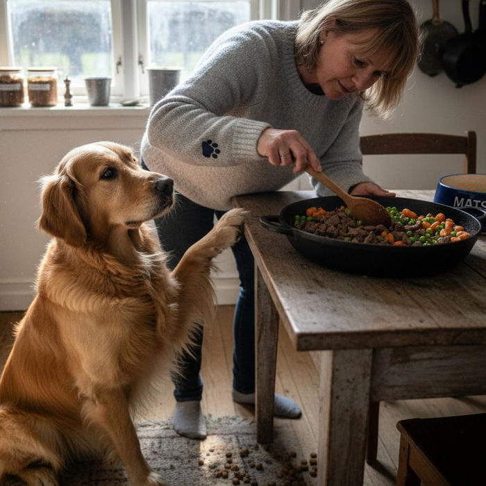 En forventningsfull golden retriever sitter og venter tålmodig på et sunt måltid.
