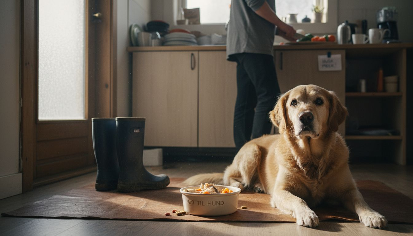 En sulten hund sitter tålmodig på kjøkkengulvet og venter på et sunt måltid.