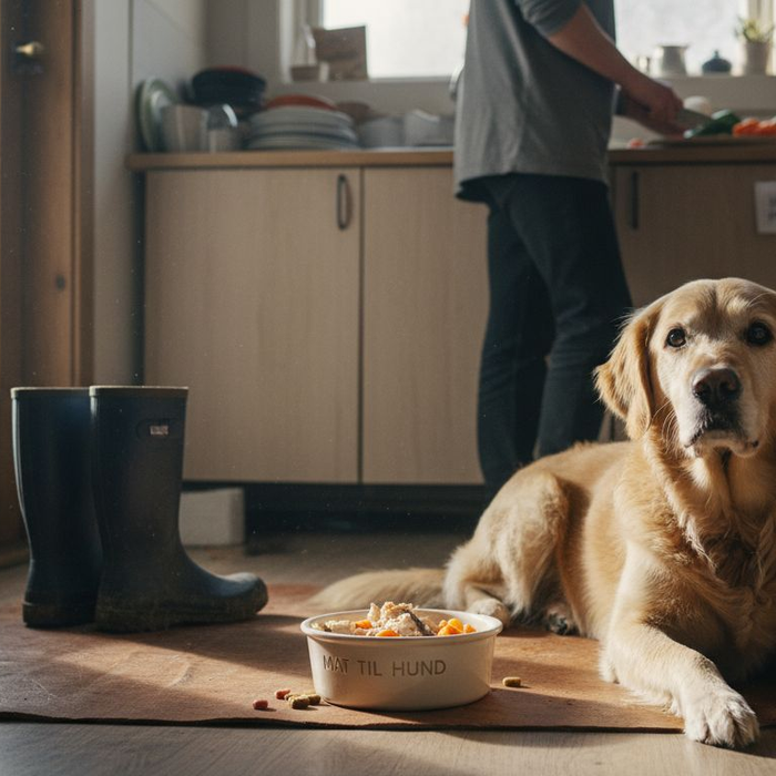 En sulten hund sitter tålmodig på kjøkkengulvet og venter på et sunt måltid.