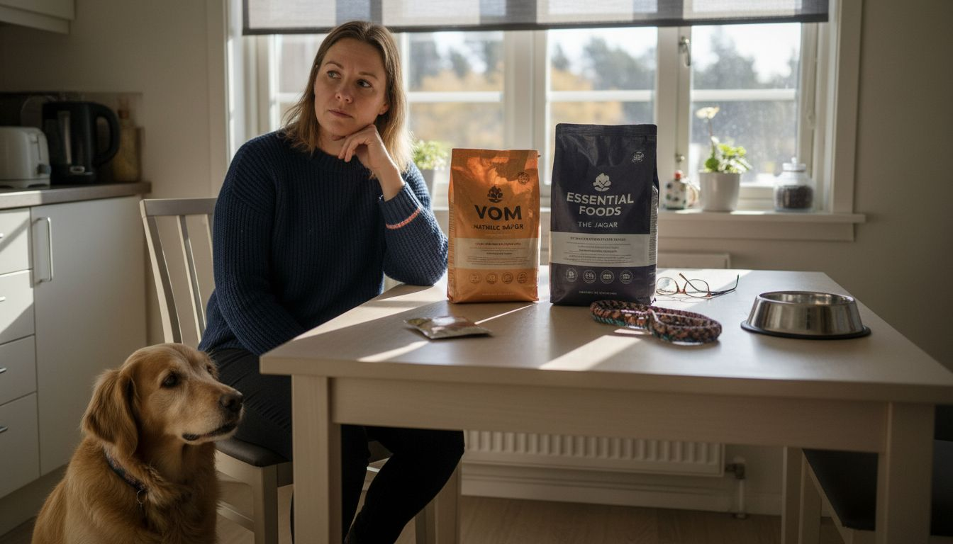 En hundeeier sitter ved kjøkkenbordet og vurderer hvilket fôr som er best for hunden sin.