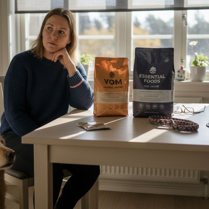 En hundeeier sitter ved kjøkkenbordet og vurderer hvilket fôr som er best for hunden sin.