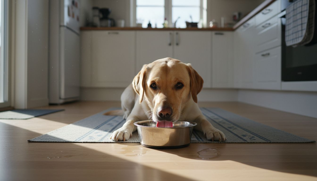 En labrador står og slurper i seg vann midt på kjøkkengulvet.