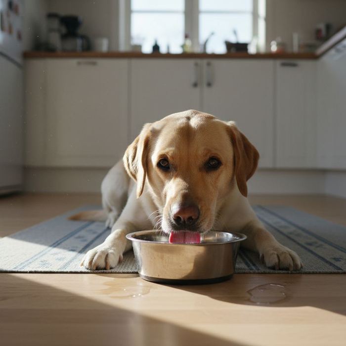En labrador står og slurper i seg vann midt på kjøkkengulvet.