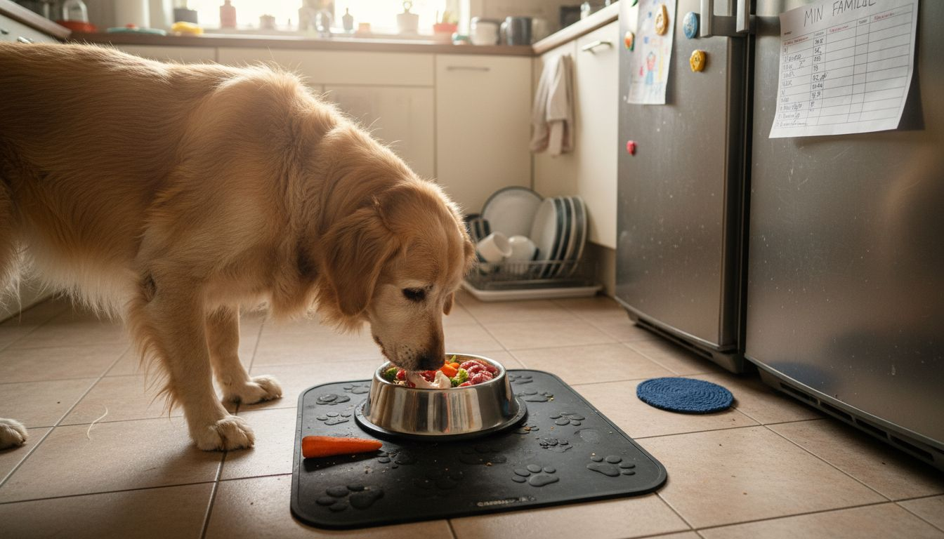 En glad golden retriever koser seg med råfôr på kjøkkenet.