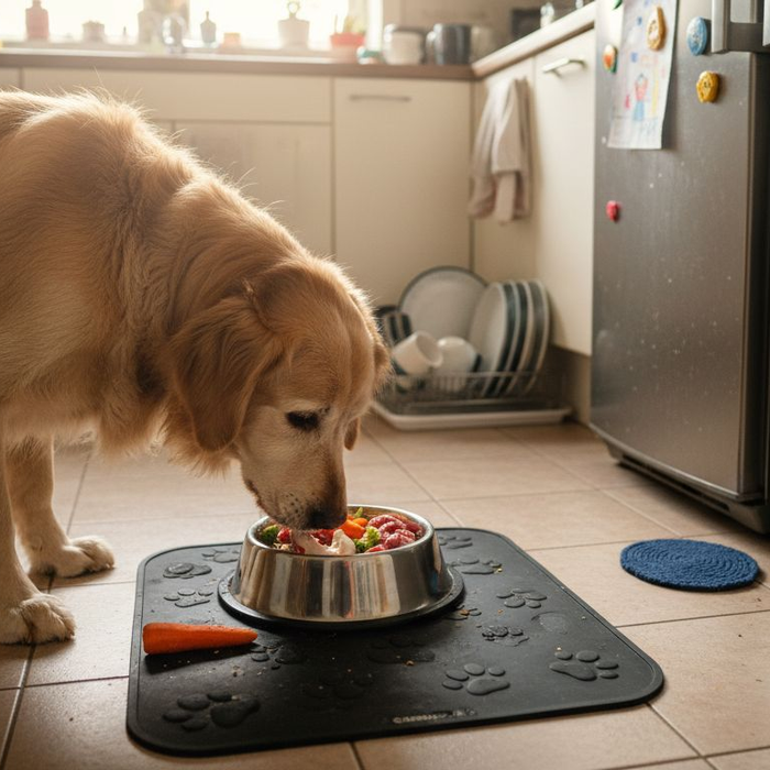 En glad golden retriever koser seg med råfôr på kjøkkenet.