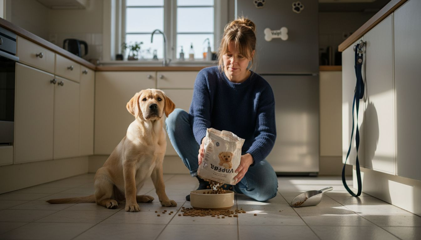 En liten labradorvalp får mat på kjøkkenet, mens det er varmt og trivelig rundt oss.