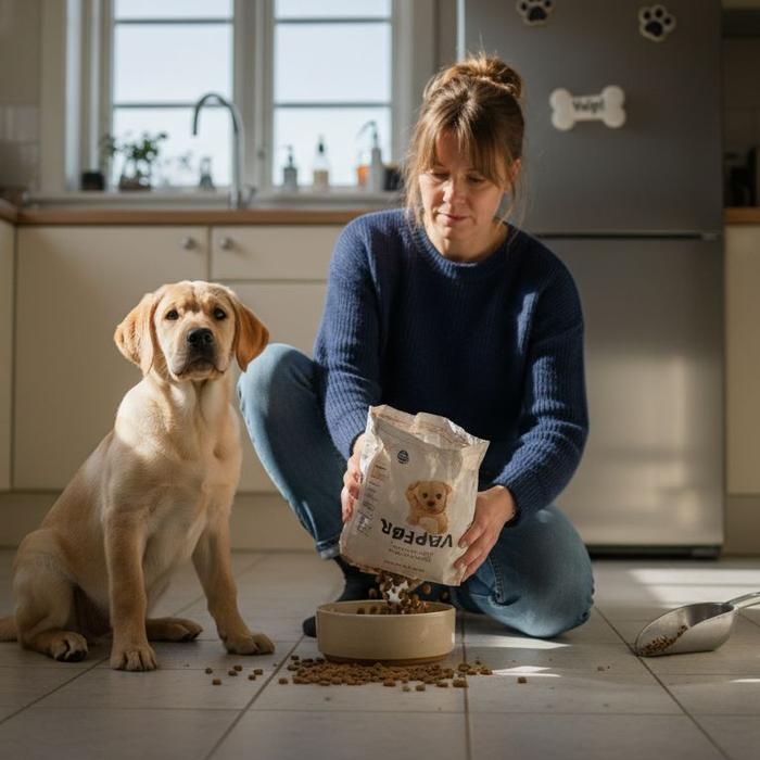 En liten labradorvalp får mat på kjøkkenet, mens det er varmt og trivelig rundt oss.