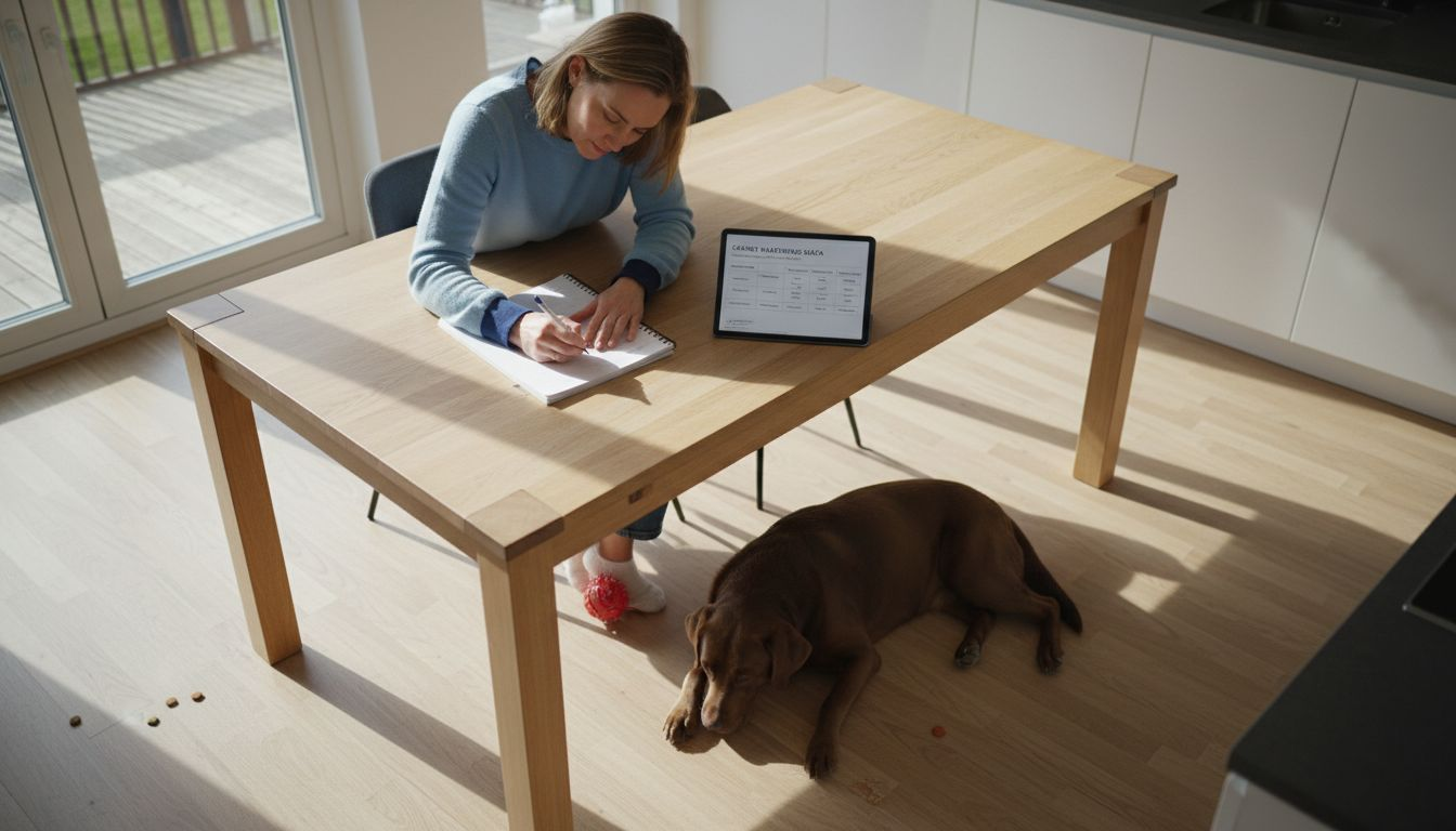 En hundeeier sitter hjemme ved kjøkkenbordet og legger opp en fôrplan for hunden sin.