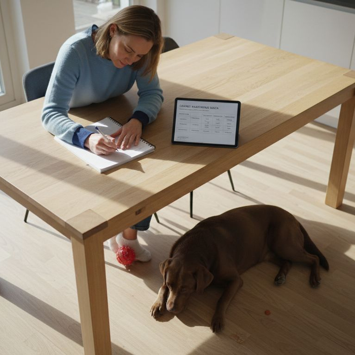 En hundeeier sitter hjemme ved kjøkkenbordet og legger opp en fôrplan for hunden sin.