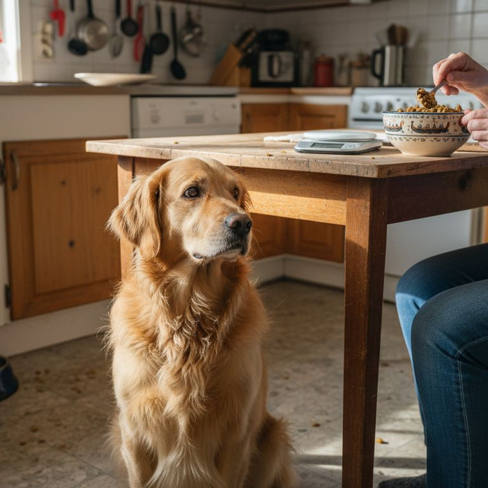 Hund som venter tålmodig på at allergivennlig mat skal bli ferdig