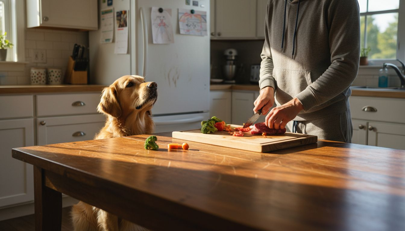 Hund og eier lager hjemmelaget lavkarbomat til hunden