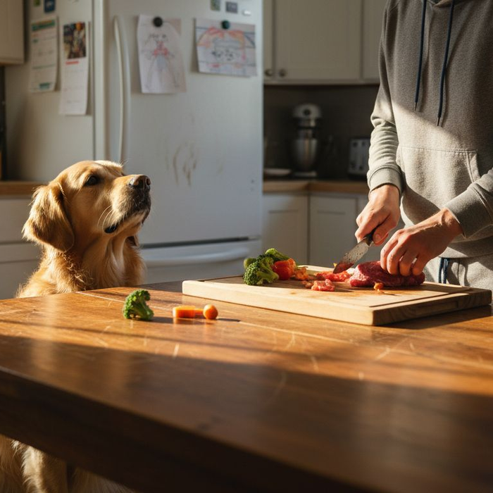Hund og eier lager hjemmelaget lavkarbomat til hunden