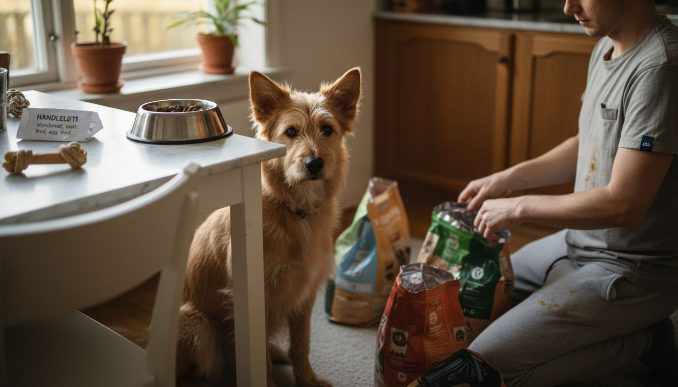 En nysgjerrig hund sitter tålmodig ved matskålen mens eieren sorterer og gjør klart hundematen.