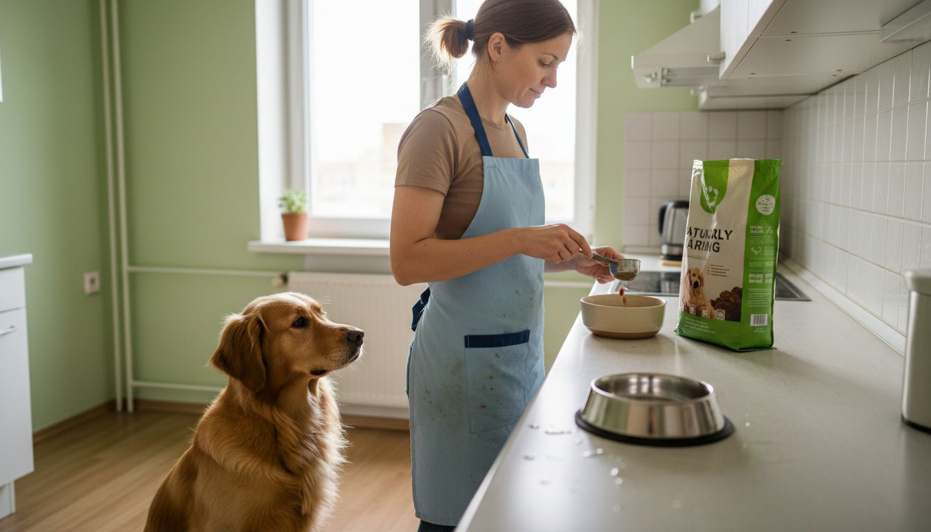 En kvinne står på kjøkkenet og veier opp hundemat mens hunden følger spent med.