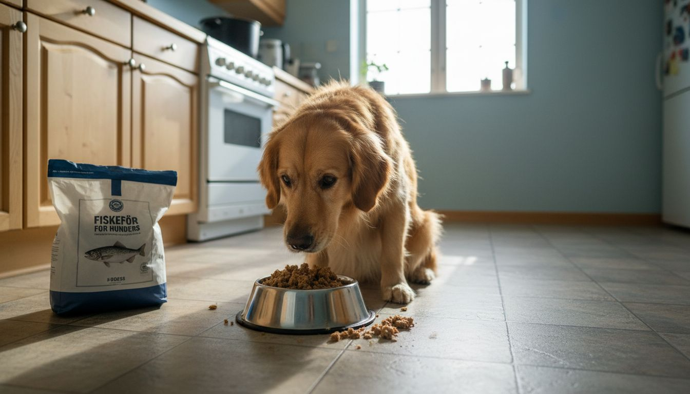 Golden retriever koser seg med fiskemiddag godkjent av MSC