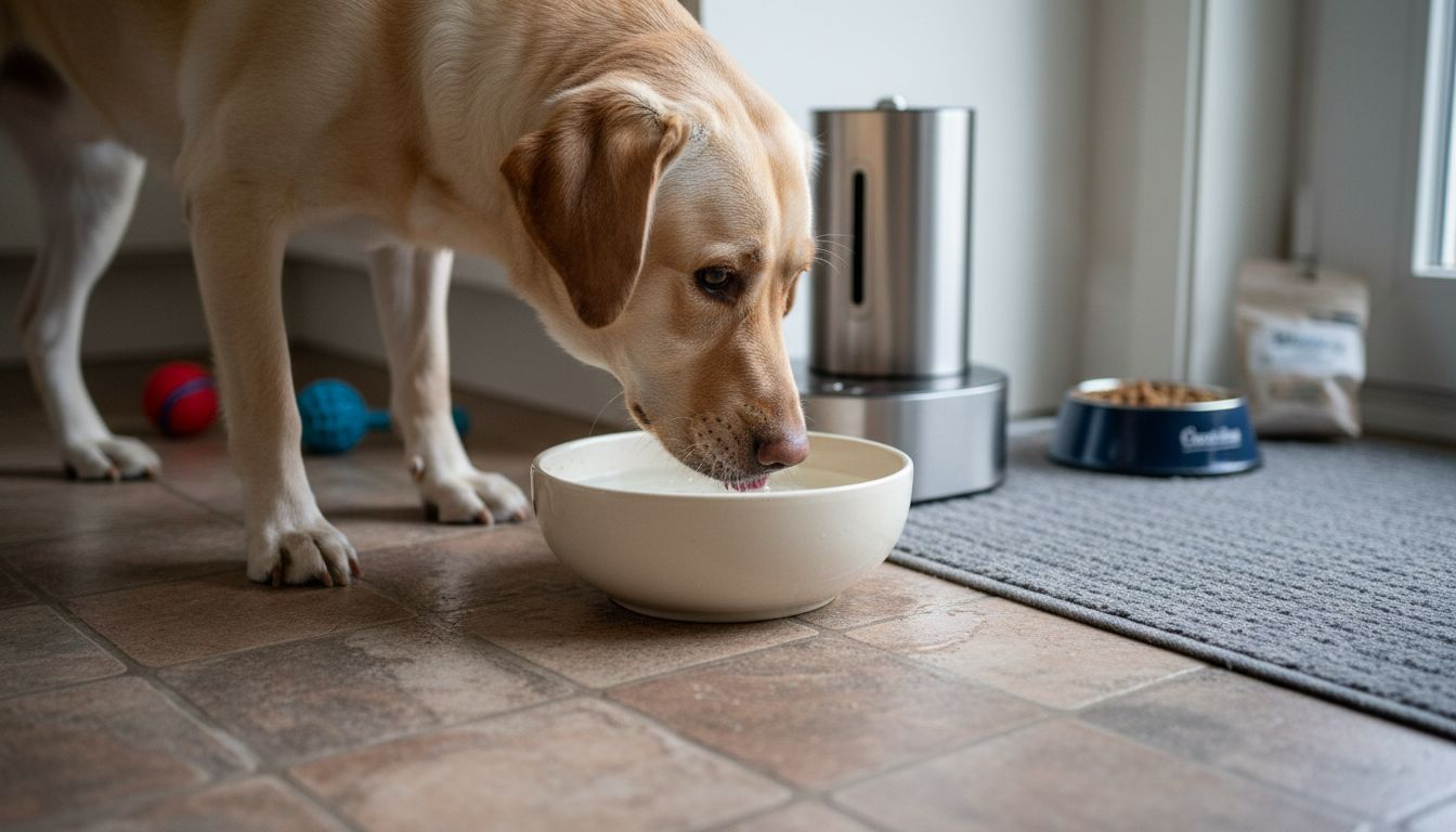 Hjemme står labradoren bøyd over vannskålen og slurper i seg vann.